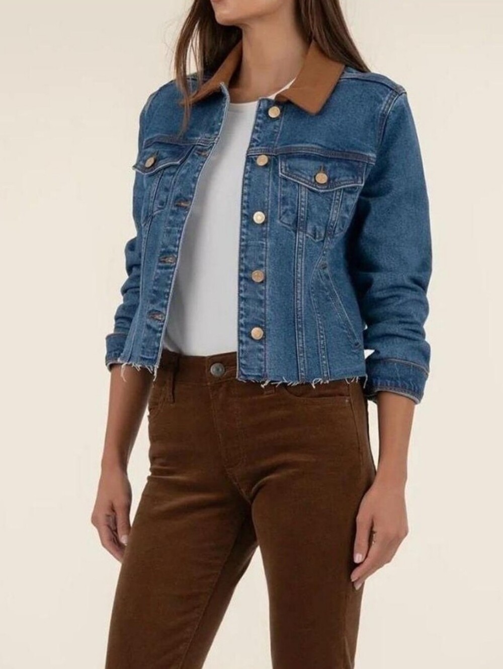 Kerry Cropped Denim Jacket Raw Hem with Brown Collar Kut From The Kloth NWT